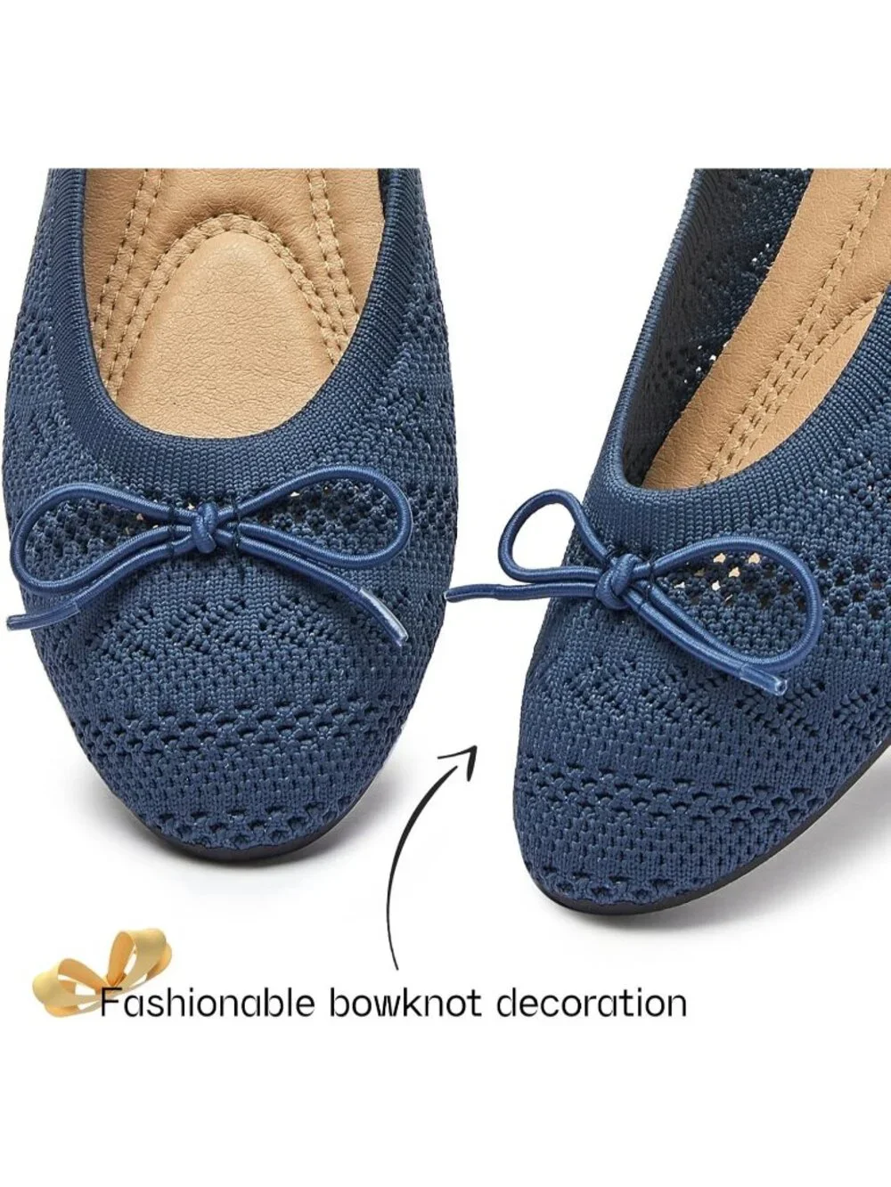 Women's Navy Crochet Lace Round Toe Solid Comfortable Low Heel Ballet Flats